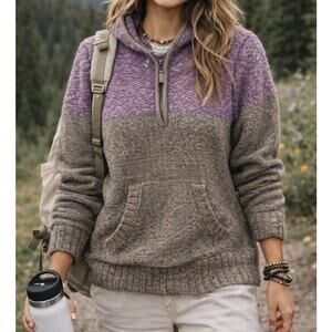 Guide Series Wool Blend Half Zip Hoodie Sweater Purple Taupe Colorblock